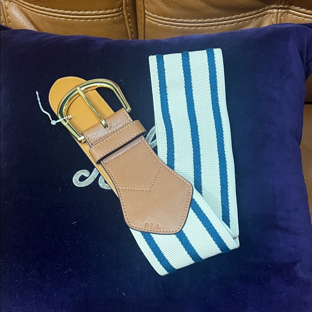 Ralph Lauren Navy and White Striped Elastic Belt with Tan Leather